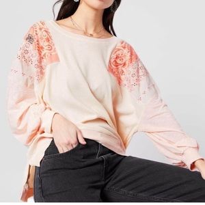 We The Free Peach Pink Floral Embroidered Thermal Balloon Sleeve Shirt